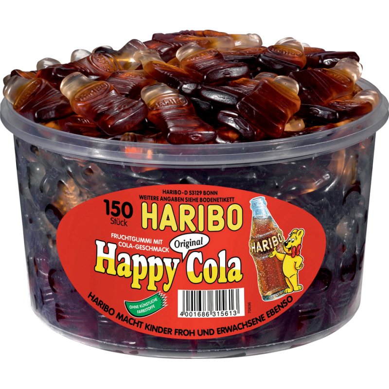 HARIBO fruitgommetjes Happy Cola, cola-smaak, hersluitbare trommel, 150 stuks