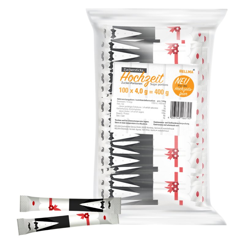 HELLMA sugar sticks, individually wrapped, 100 pieces of 4 g
