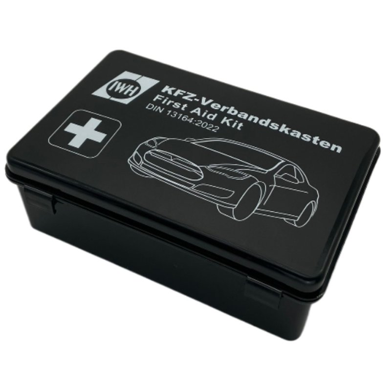 IWH car first aid kit, DIN 13164:2022, black, 220×75×150 mm