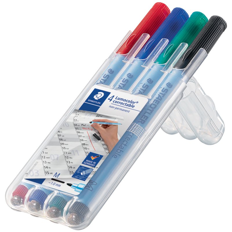STAEDTLER Lumocolor marqueurs effaçables, rechargeables, 4 pièces, couleurs assorties