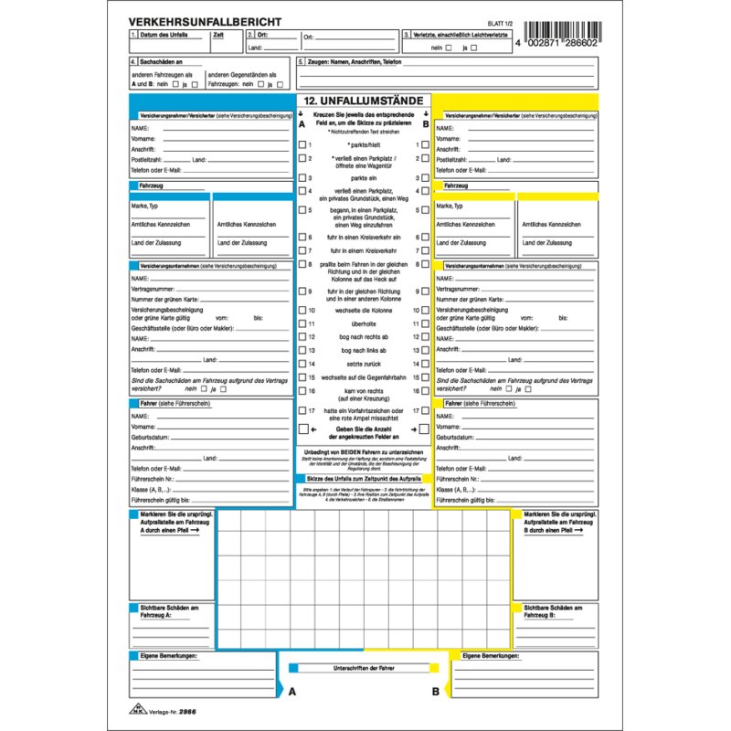 RNK Verlag European Accident Report, A4, self-copying, 10 pieces