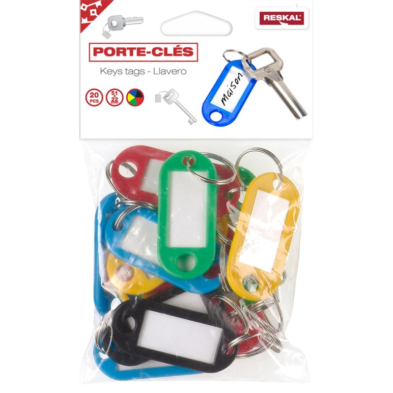 RESKAL porte-clés avec anneau, assorties couleurs, diamètre 18 mm, 20 pièces