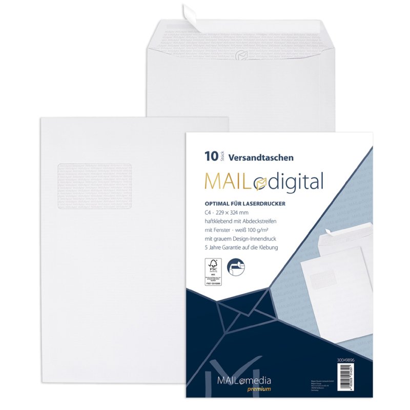 MAILmedia MAILdigital C4 envelopes, white, window on left, 10 pieces