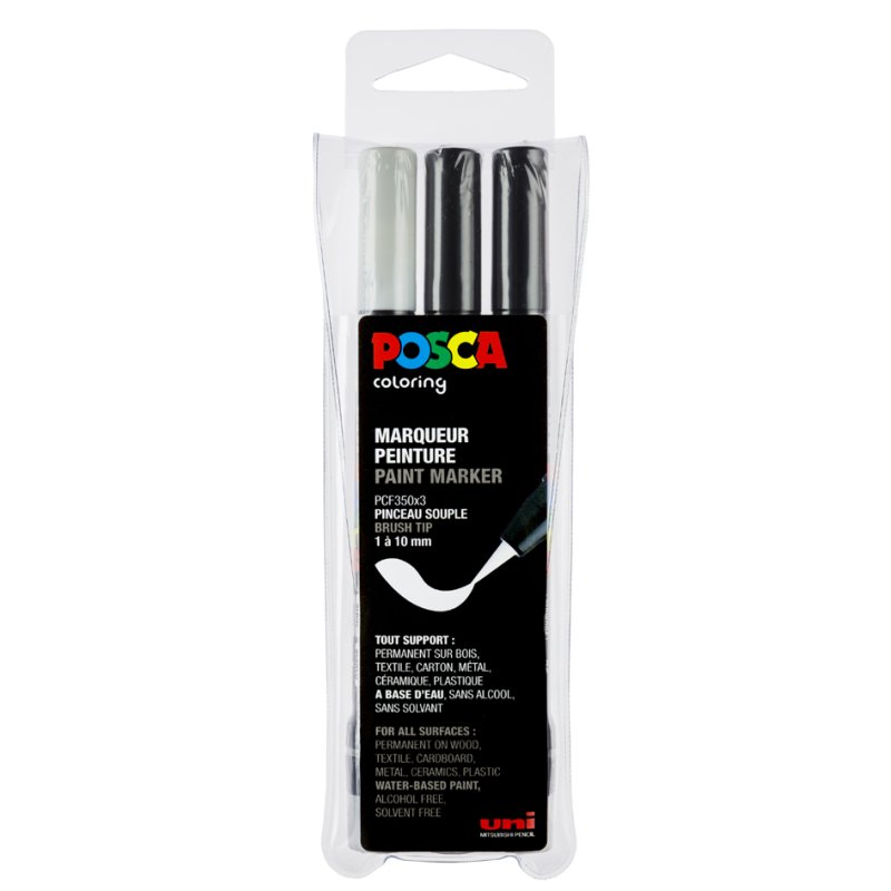 POSCA marqueurs pigmentés PCF-350, pointe pinceau, 3 pièces, or/argent/blanc