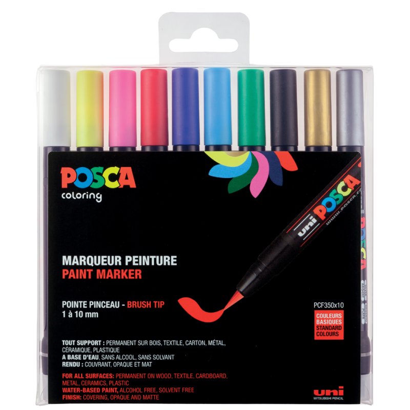 POSCA marqueurs pigmentés PCF-350, pointe pinceau, 3 pièces, or/argent/blanc