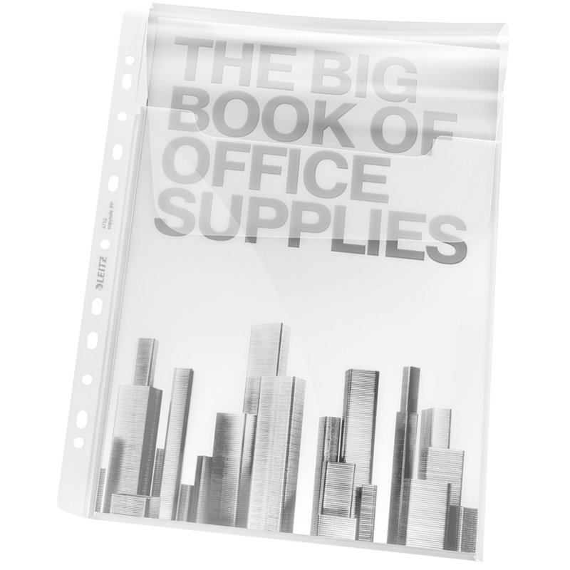 LEITZ Maxi document wallets with flap, A4, crystal clear, 5 pieces