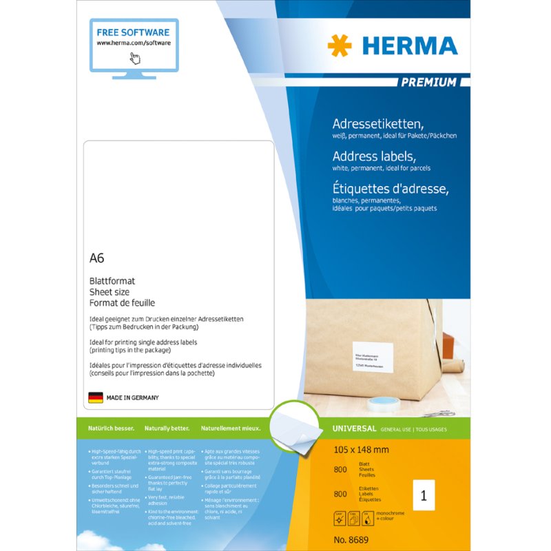 HERMA Étiquettes universelles Premium, blanc, 105 × 148 mm, 800 pièces