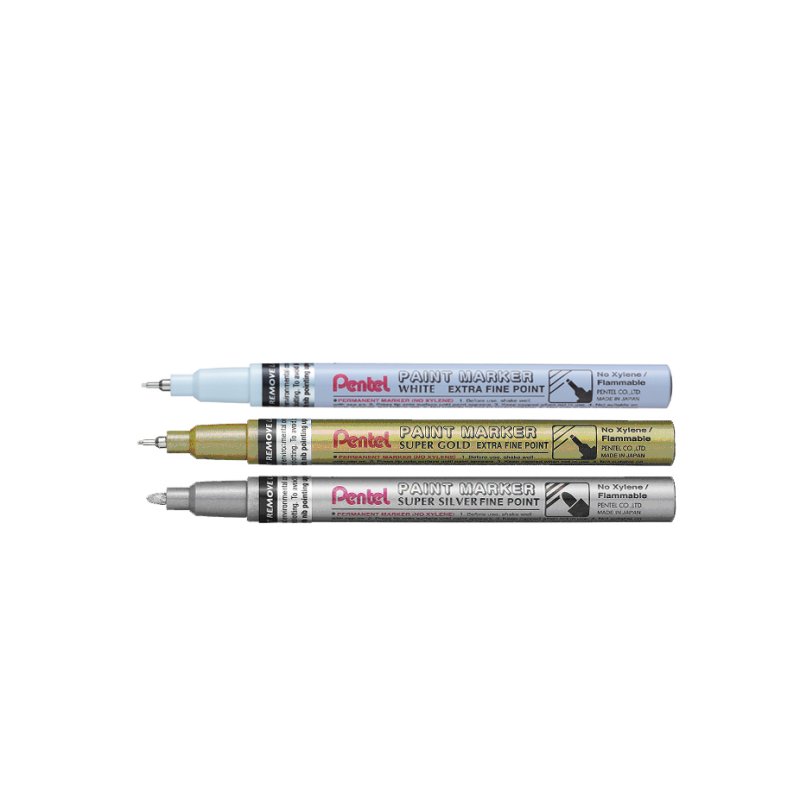 Pentel marqueurs de peinture PAINT MARKER, or/argent/blanc, 2 largeurs de trait, 36 pièces