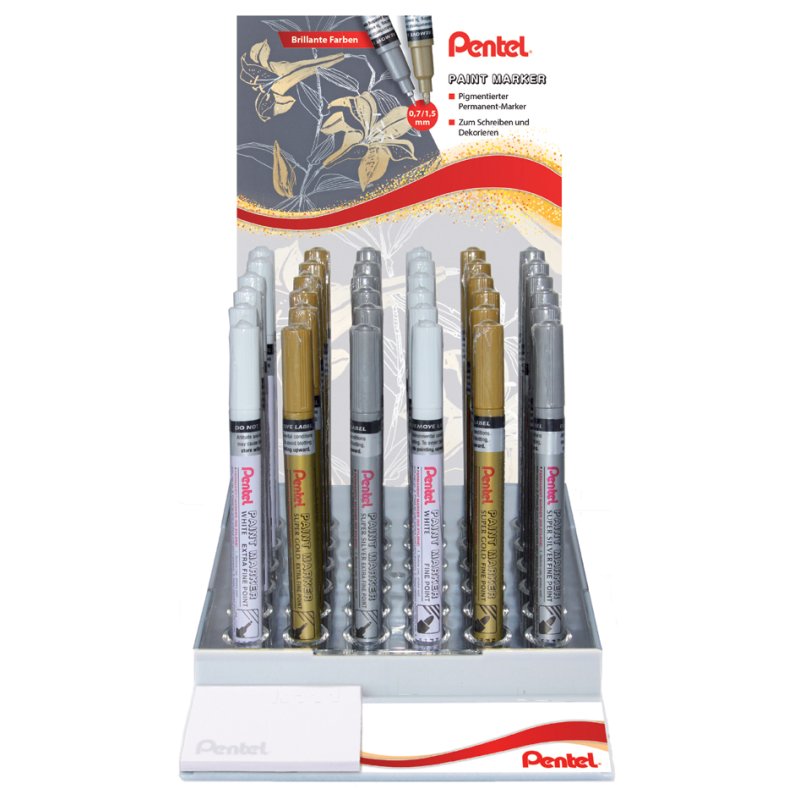 Pentel marqueurs de peinture PAINT MARKER, or/argent/blanc, 2 largeurs de trait, 36 pièces