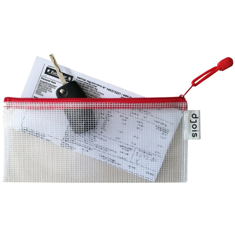 djois enveloppe à fermeture éclair DIN-long, transparent/rouge, PVC, 235×100 mm