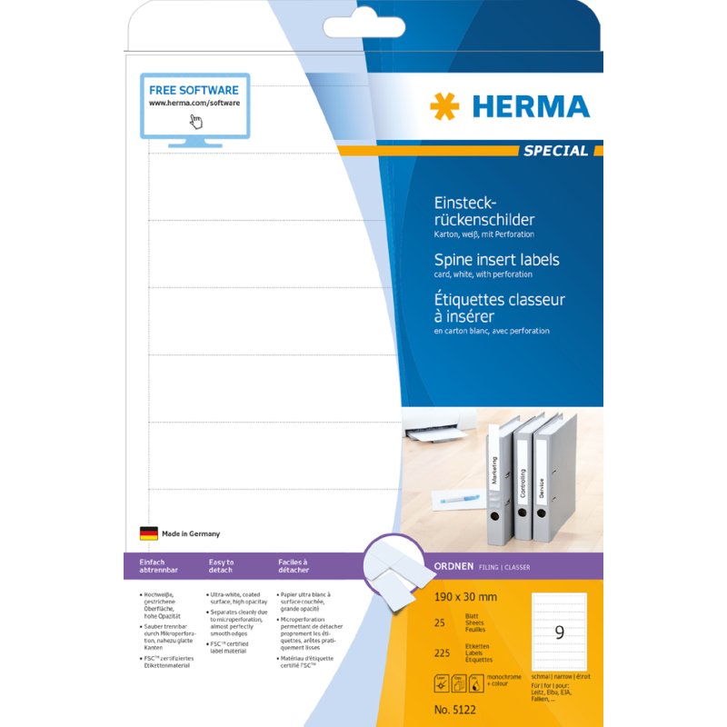 HERMA lever arch file spine labels, 54 × 190 mm, white, 125 pieces