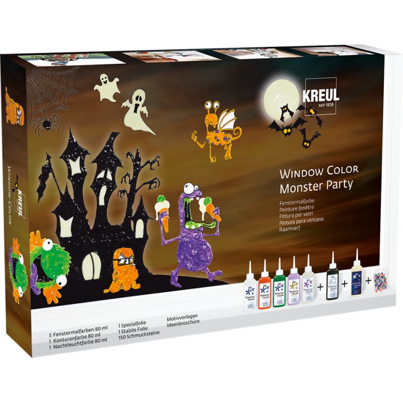KREUL Monster Party window colouring set, removable transparent paint, water-based, 7×80 ml