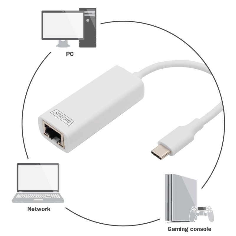 DIGITUS USB 3.0 to Gigabit Ethernet adapter, USB-C plug, aluminium housing