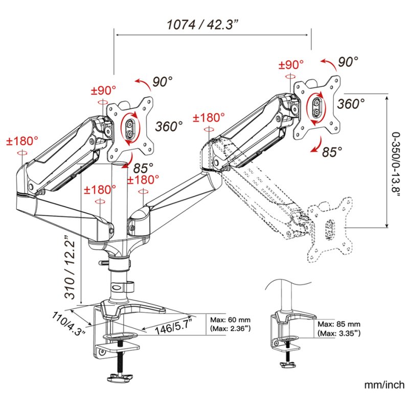 DIGITUS dubbele monitor arm LCD/LED-schermen, 15-32 inch, klemvoet, VESA 75×75/100×100 mm