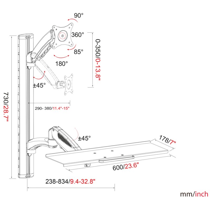 DIGITUS monitorarm met toetsenbordhouder, 27 inch, hoogte verstelbaar, wandmontage