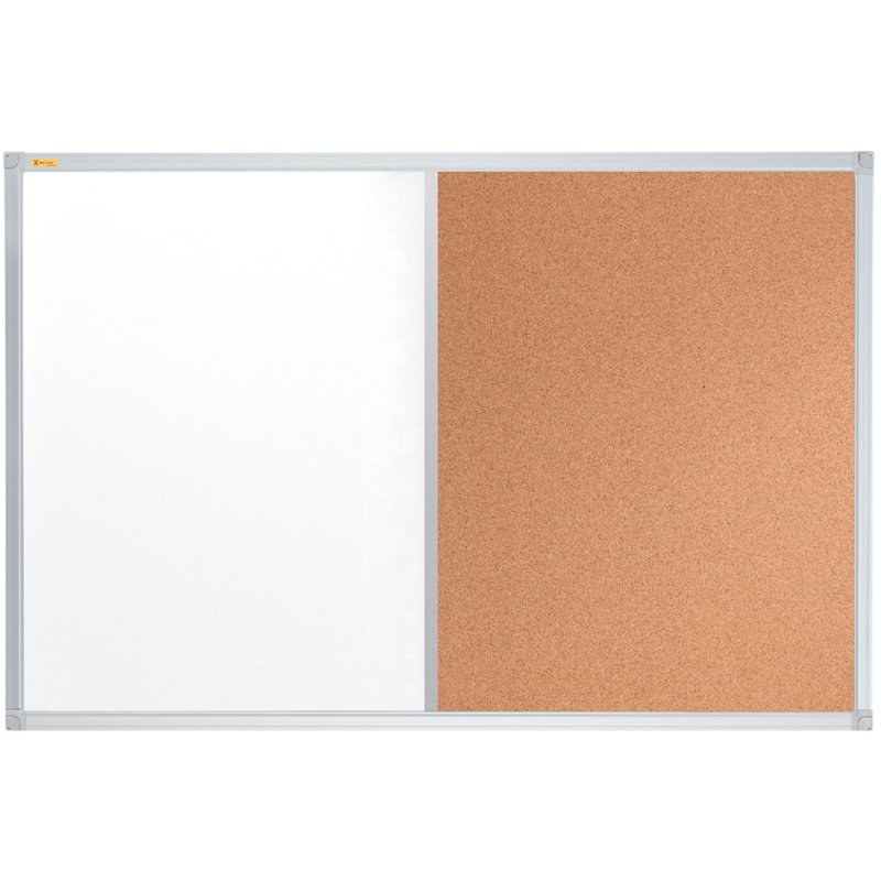 FRANKEN combination table X-tra!Line, white/brown, whiteboard and cork, 120×90 cm, aluminium frame