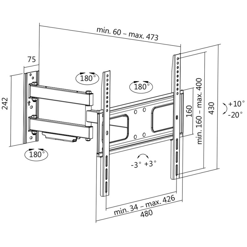 LogiLink Support mural TV entièrement orientable, 32-55 pouces, max 50 kg