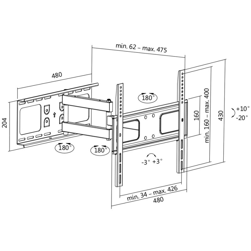 LogiLink Support mural TV entièrement orientable, 32-55 pouces, max 50 kg