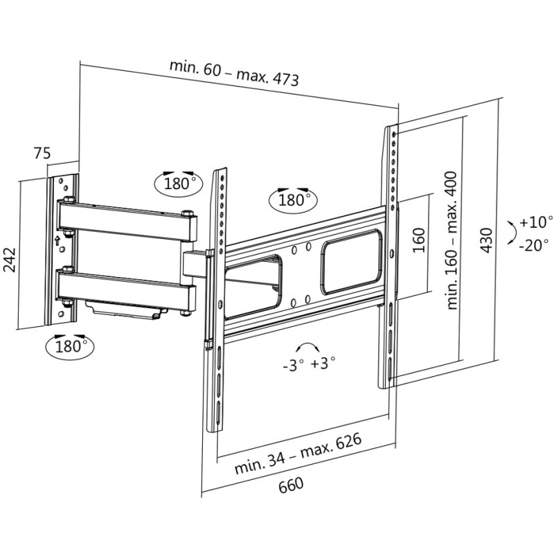LogiLink Support mural TV orientable, 37-70 pouces, charge max 50 kg