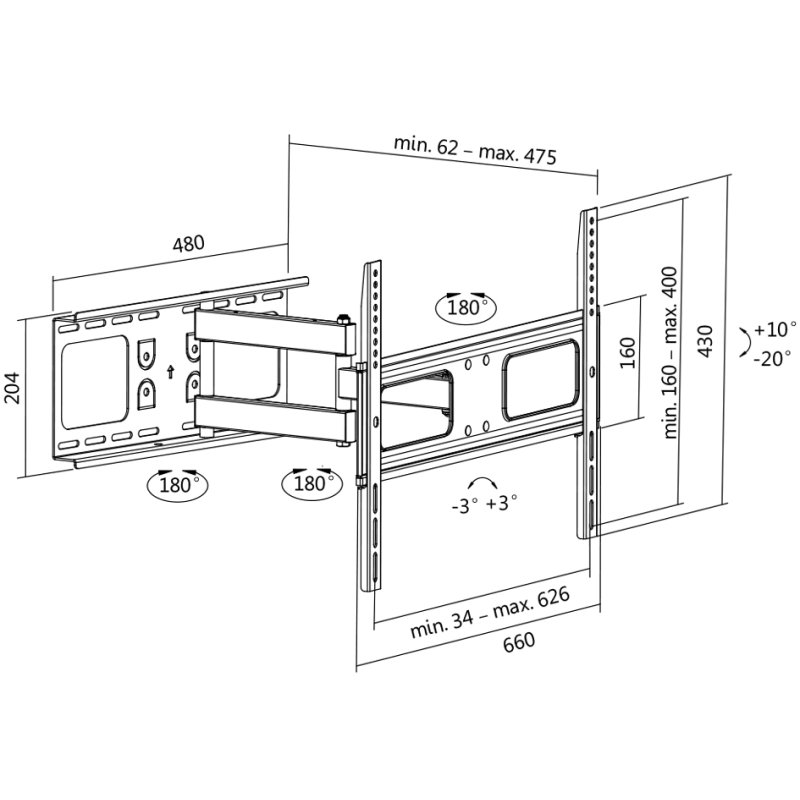 LogiLink Support mural TV orientable, 37-70 pouces, charge max 50 kg
