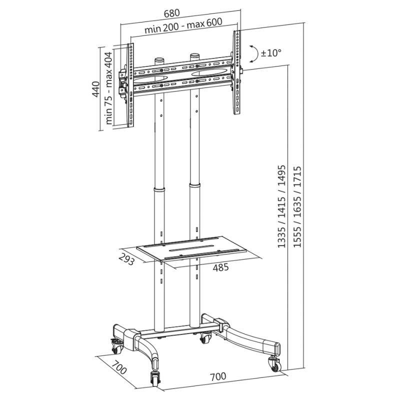 LogiLink TV Stand Mobile Tilting, 37–70 inch, black steel, with castors