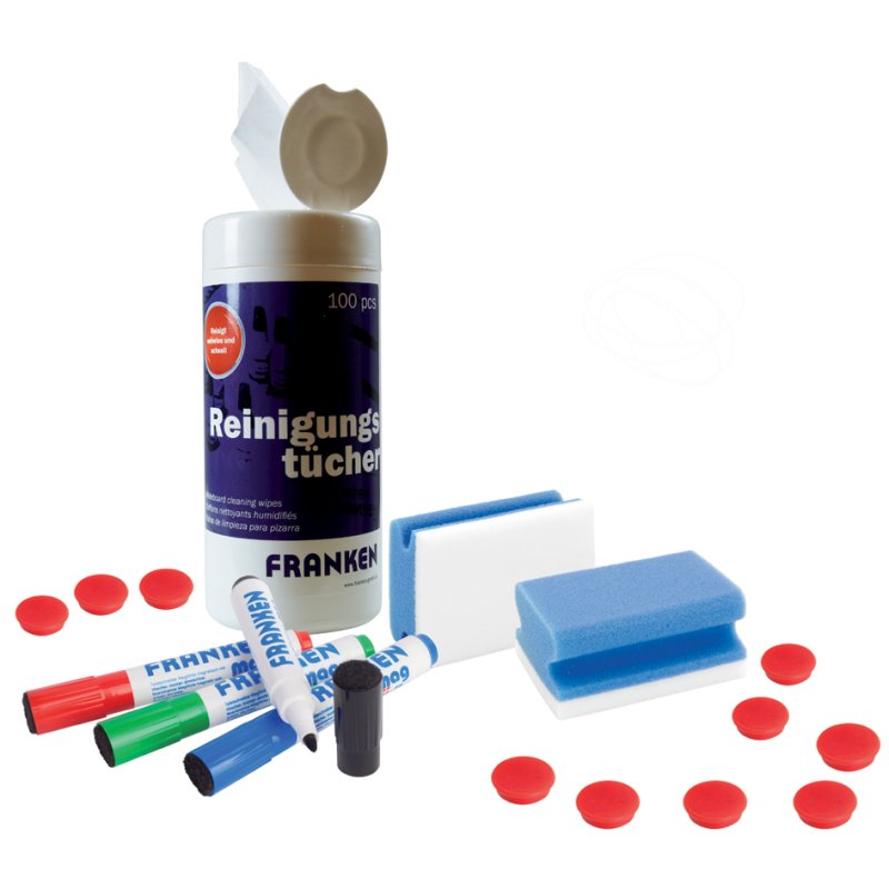 FRANKEN kit de démarrage tableaux magnétiques et tableaux blancs, 4 marqueurs, kit de nettoyage, 10 aimants