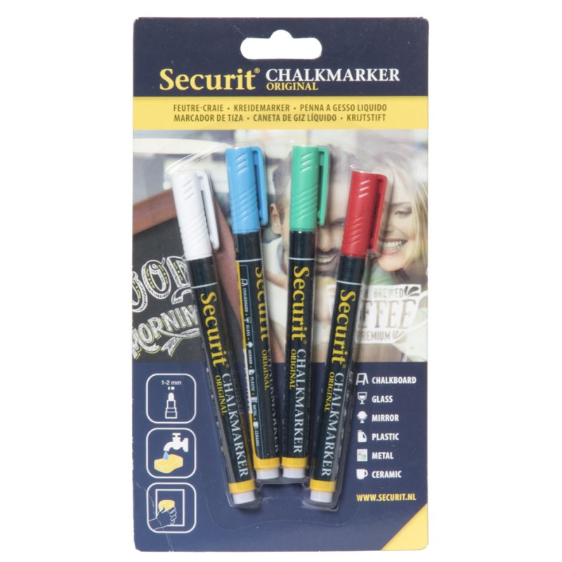 Securit marqueurs craie ORIGINAL SMALL, pointe ronde 1-2 mm, jaune/orange/rose/violet, 4 pièces