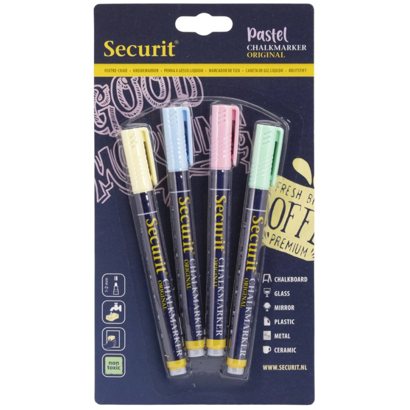 Securit marqueurs craie ORIGINAL SMALL, pointe ronde 1-2 mm, jaune/orange/rose/violet, 4 pièces
