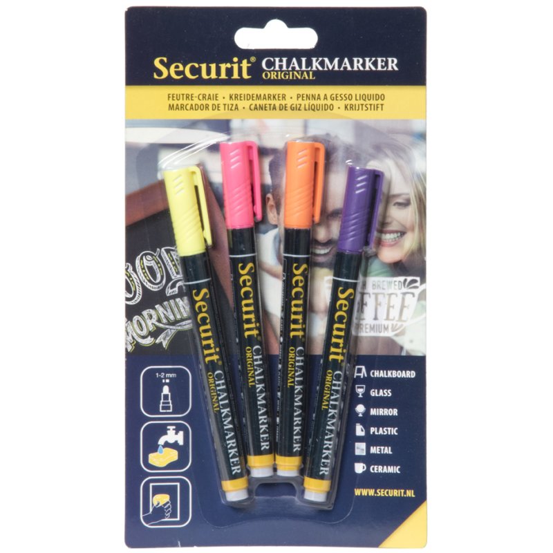 Securit marqueurs craie ORIGINAL SMALL, pointe ronde 1-2 mm, jaune/orange/rose/violet, 4 pièces