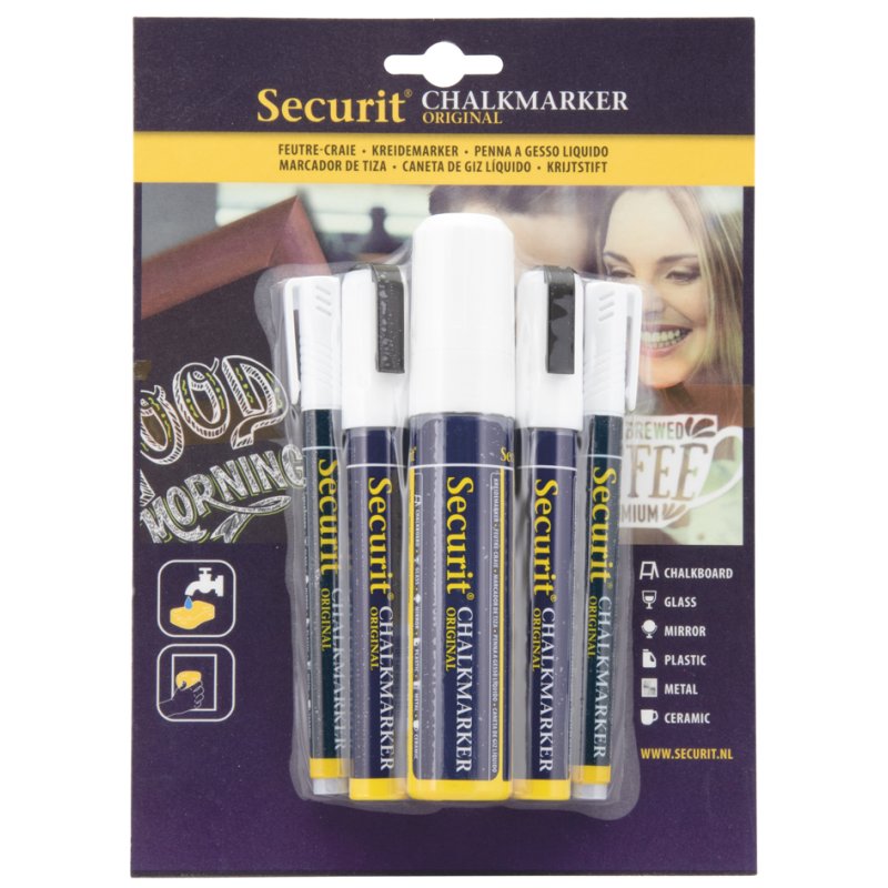 Securit chalk markers ORIGINAL, white, mixed set, 5 pieces