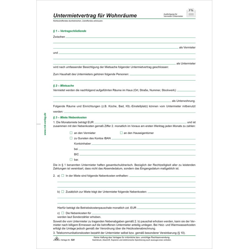 RNK Verlag sub-lease contract for residential spaces, white, A4, 4-sided folded, 10 contracts