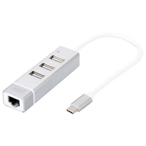 DIGITUS USB 2.0 naar Fast Ethernet adapter, 3-poorts USB-hub, USB-C