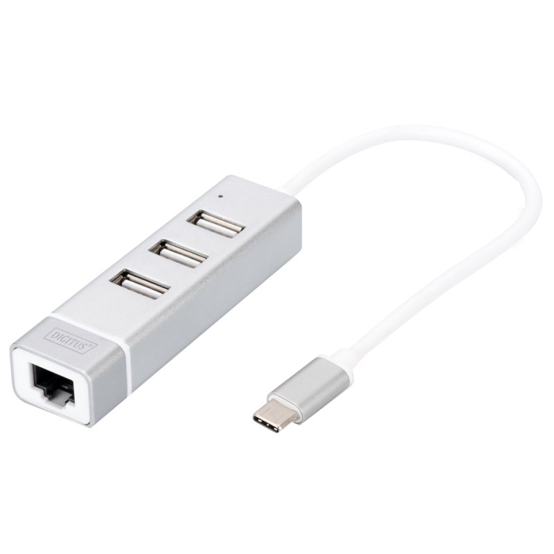DIGITUS USB 2.0 naar Fast Ethernet adapter, 3-poorts USB-hub, USB-C