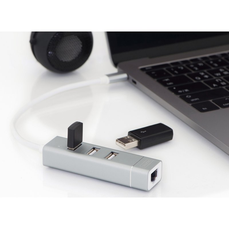 DIGITUS USB 2.0 naar Fast Ethernet adapter, 3-poorts USB-hub, USB-C
