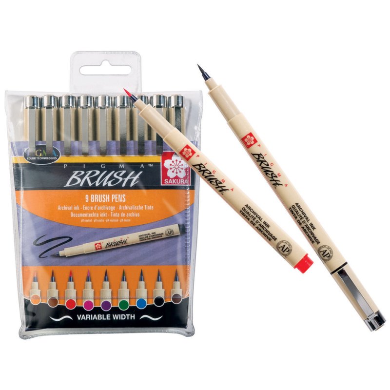 SAKURA feutres PIGMA BRUSH, pointe pinceau, permanent, 9 pièces