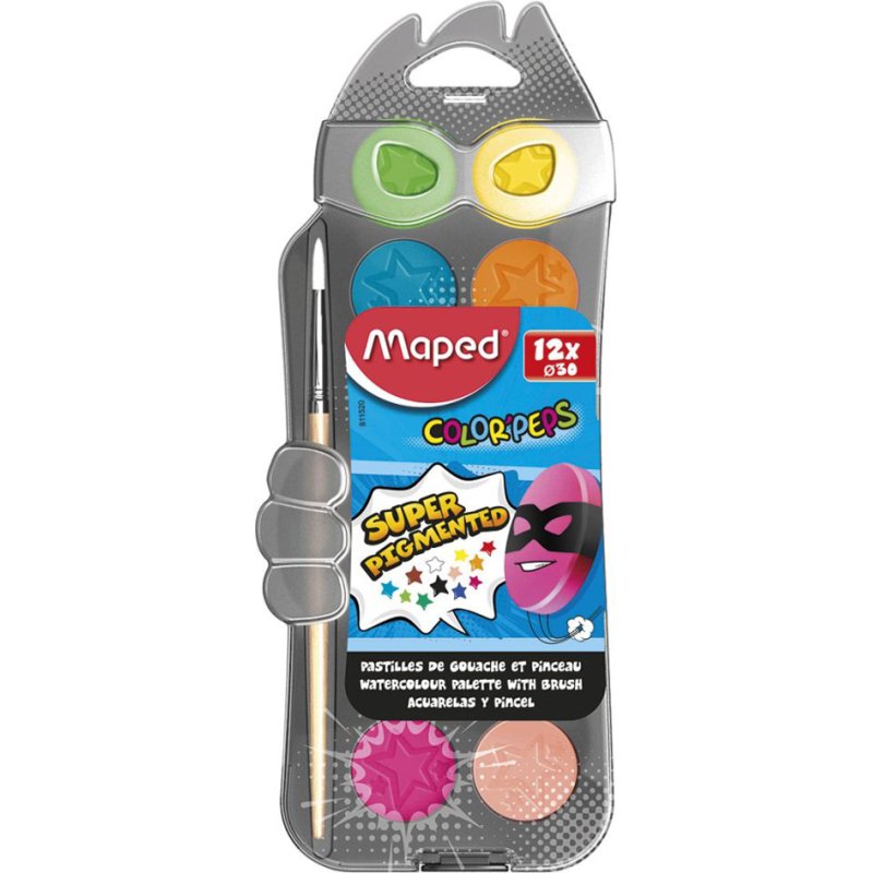 Maped boîte de couleurs avec palette, 12 couleurs, design super-héros, pinceau inclus