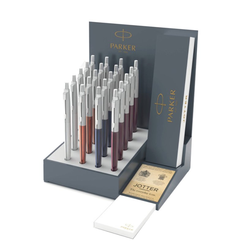 PARKER stylos à bille rétractables JOTTER CORE, présentoir 20 pièces, corps inox, bleu