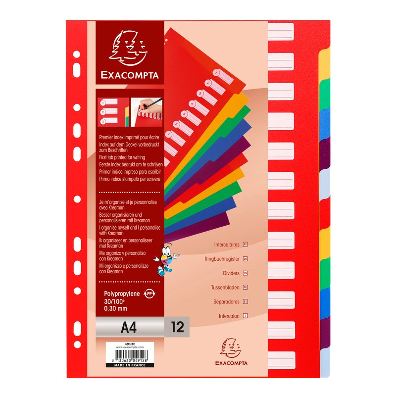 EXACOMPTA plastic blank tab dividers, A4, 6-part