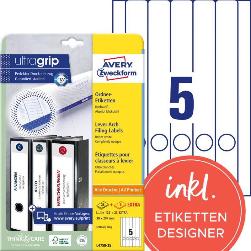 AVERY Zweckform étiquettes dos de classeur, 38 × 297 mm, blanc, 150 pcs