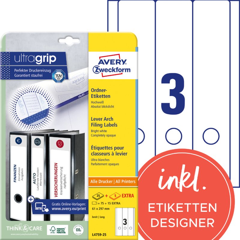 AVERY Zweckform étiquettes pour dos de classeur, 61×297 mm, jaune, 60 pièces