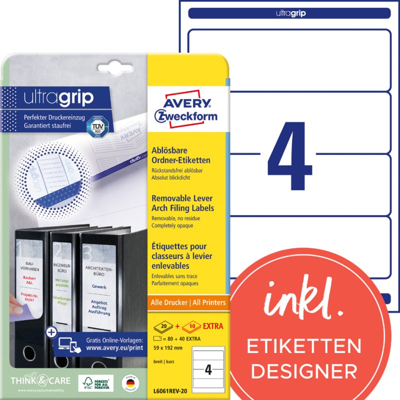 AVERY Zweckform étiquettes dos de classeur, réutilisables, blanc, 59×192 mm
