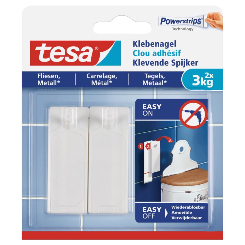 tesa Powerstrips clous adhésifs, réutilisables, capacité de charge 3 kg, 2 clous + 3 bandes