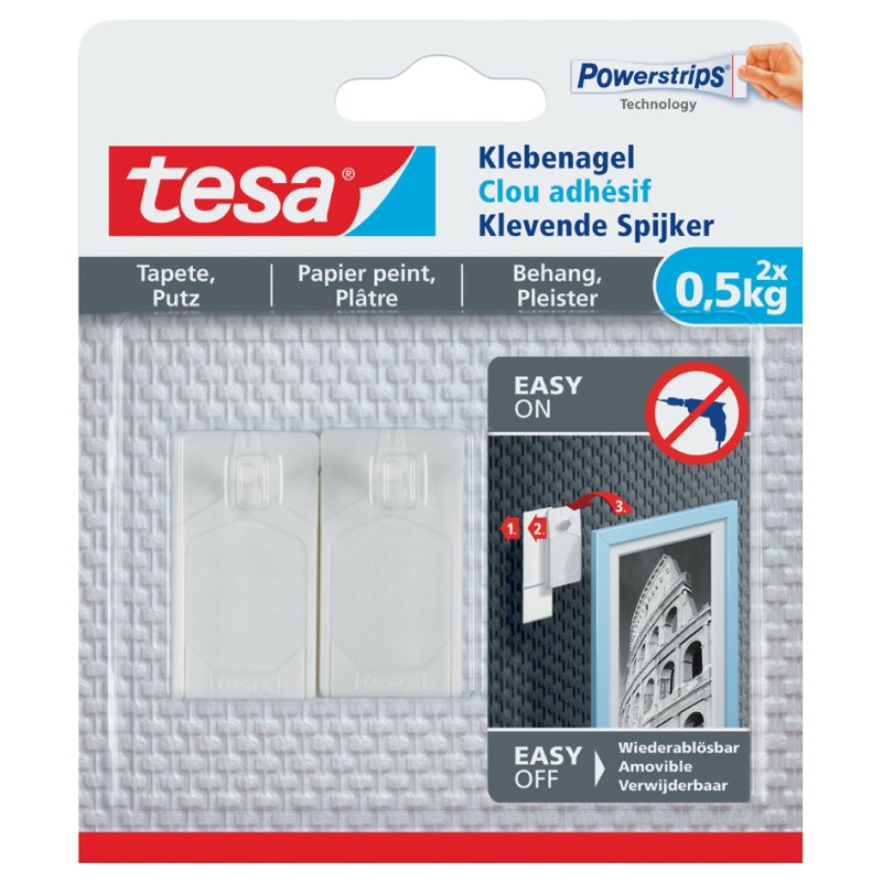 tesa Powerstrips clous adhésifs, réutilisables, 2 kg charge, 2 clous + 6 bandes