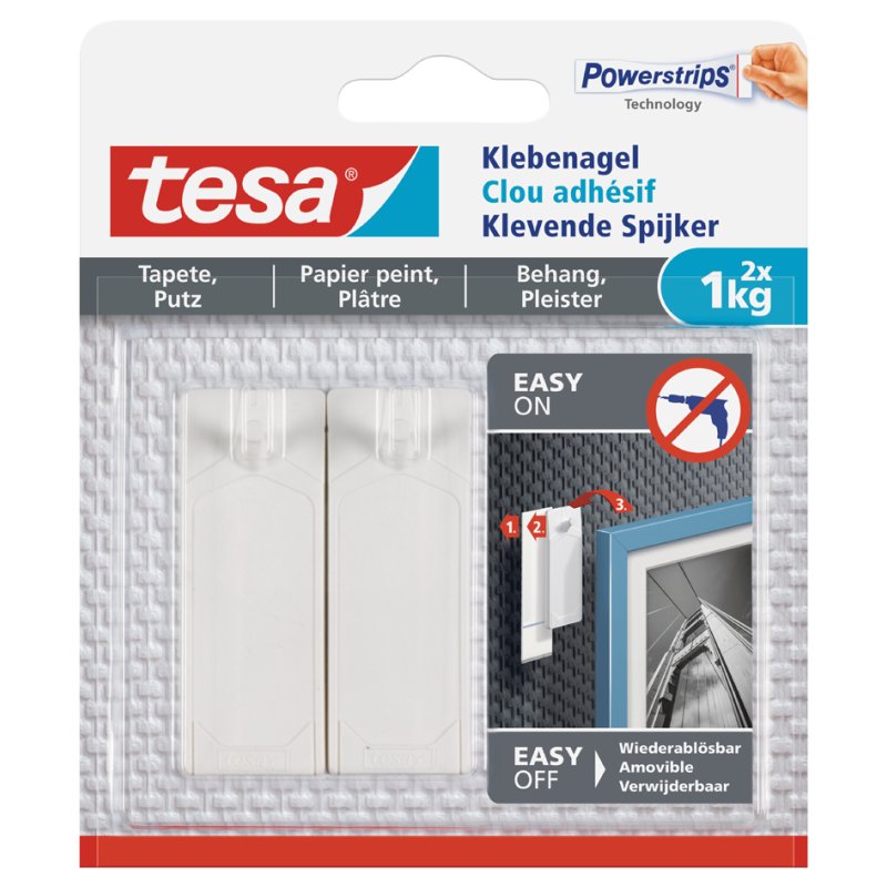 tesa Powerstrips clous adhésifs, réutilisables, 2 kg charge, 2 clous + 6 bandes