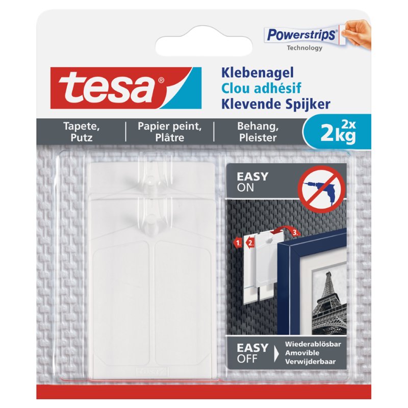 tesa Powerstrips clous adhésifs, réutilisables, 2 kg charge, 2 clous + 6 bandes