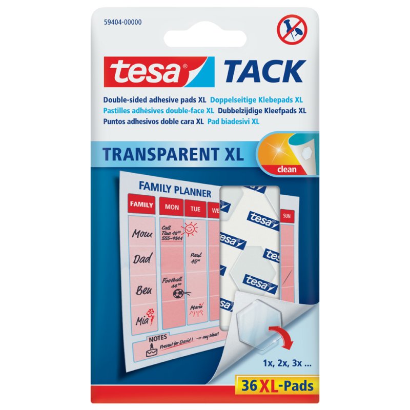 tesa TACK pastilles adhésives, transparent, réutilisable, sans traces, 36 pièces