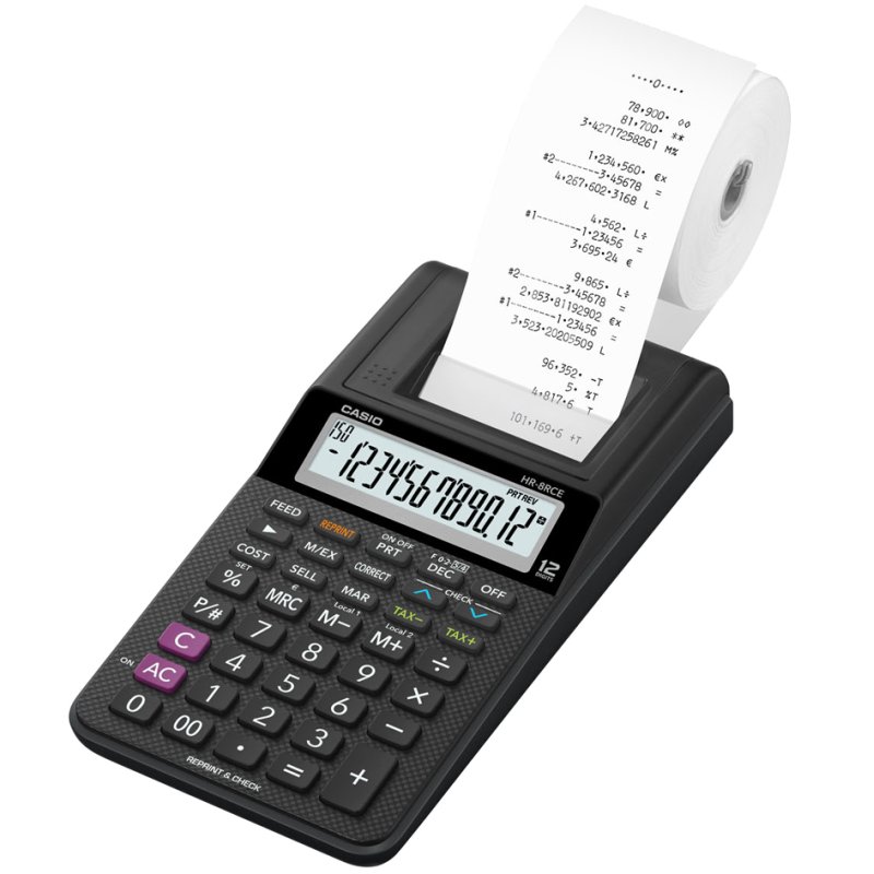 CASIO Calculatrice imprimante HR-8 RCE-BK, noir, écran 12 chiffres