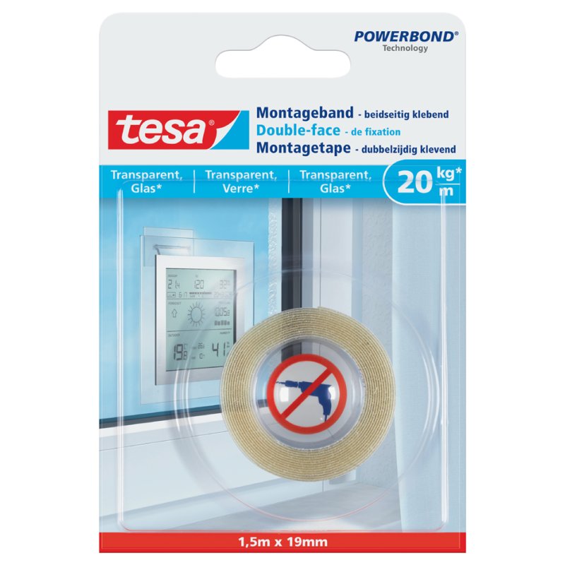 tesa Powerbond ruban de montage pour verre, biface, 19 mm × 1,5 m
