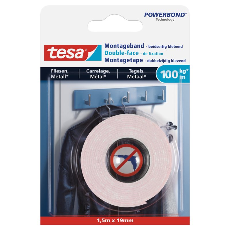tesa Powerbond ruban de montage double face, blanc, carrelage/métal, 19 mm × 1,5 m