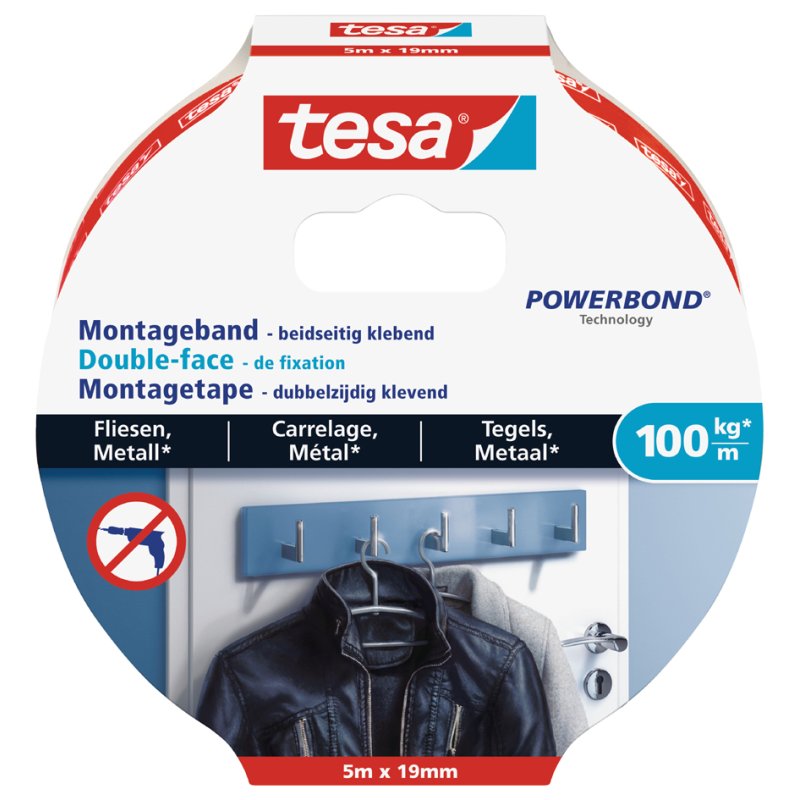 tesa Powerbond ruban de montage double face, blanc, carrelage/métal, 19 mm × 1,5 m